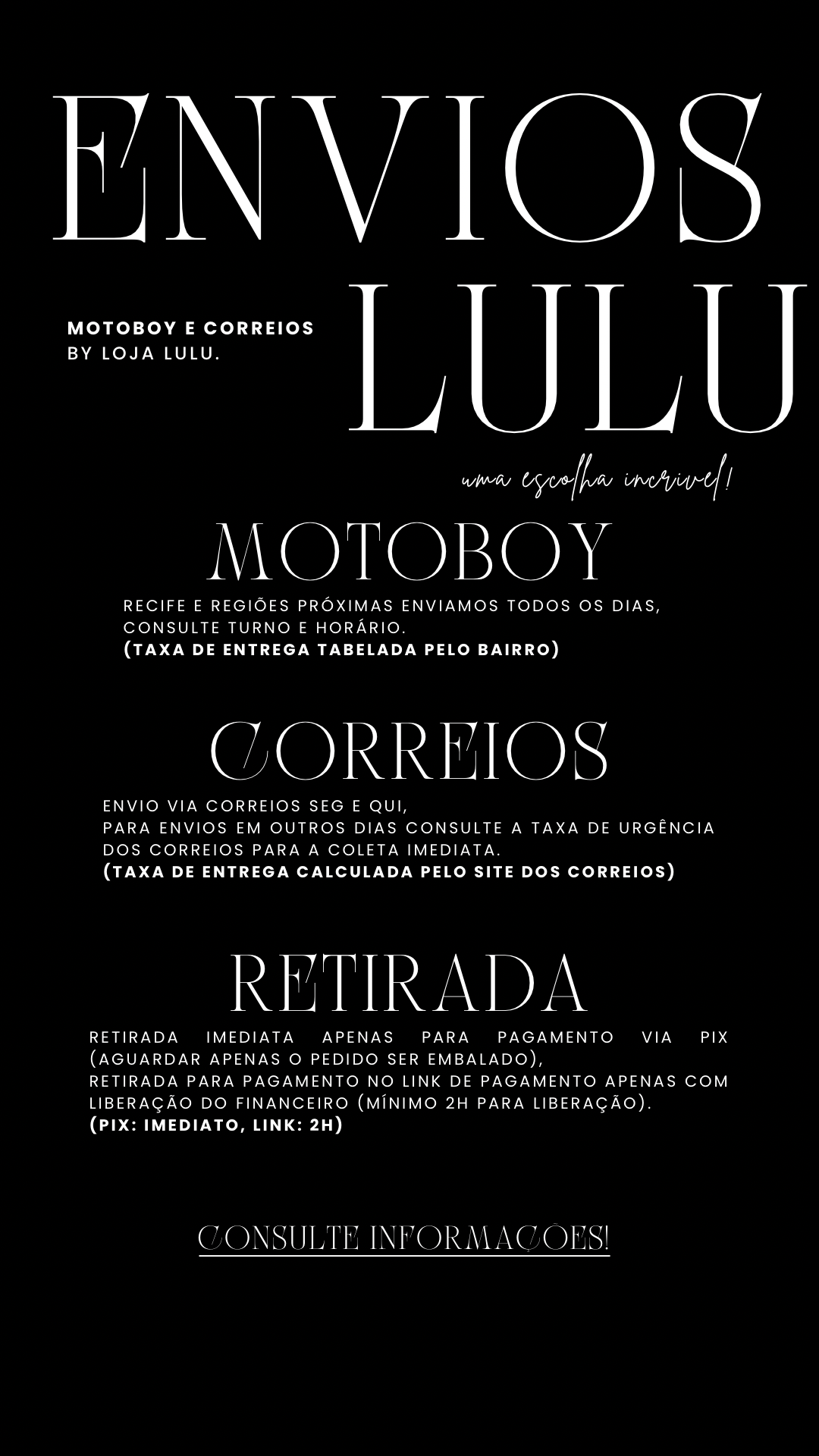 Resumo visual das políticas de envio e retirada da loja